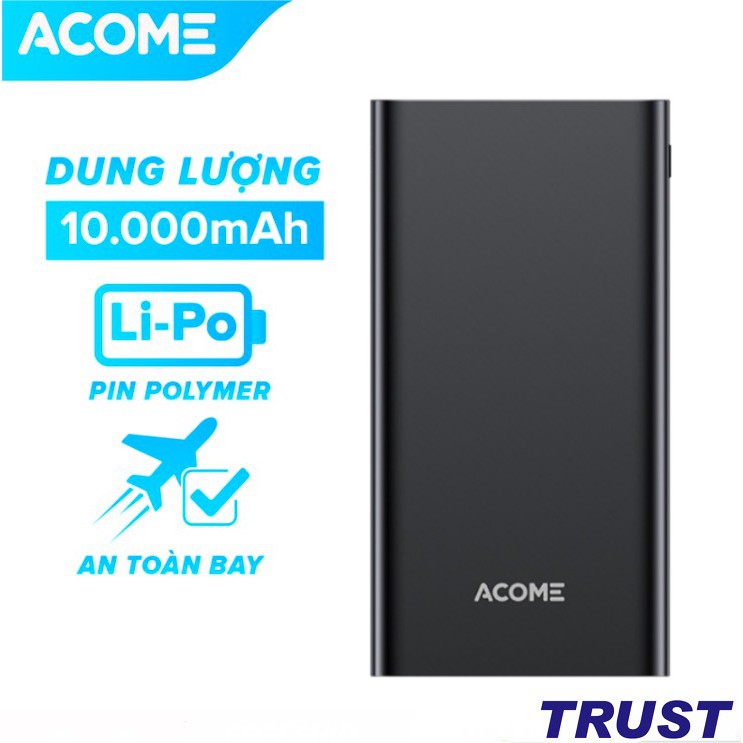 Sạc dự phòng ACOME AP103 10000mAh thiết kế nhỏ gọn 2 cổng USB và 1 cổng Micro công suất đầu ra 10.5W - Hàng Chính Hãng