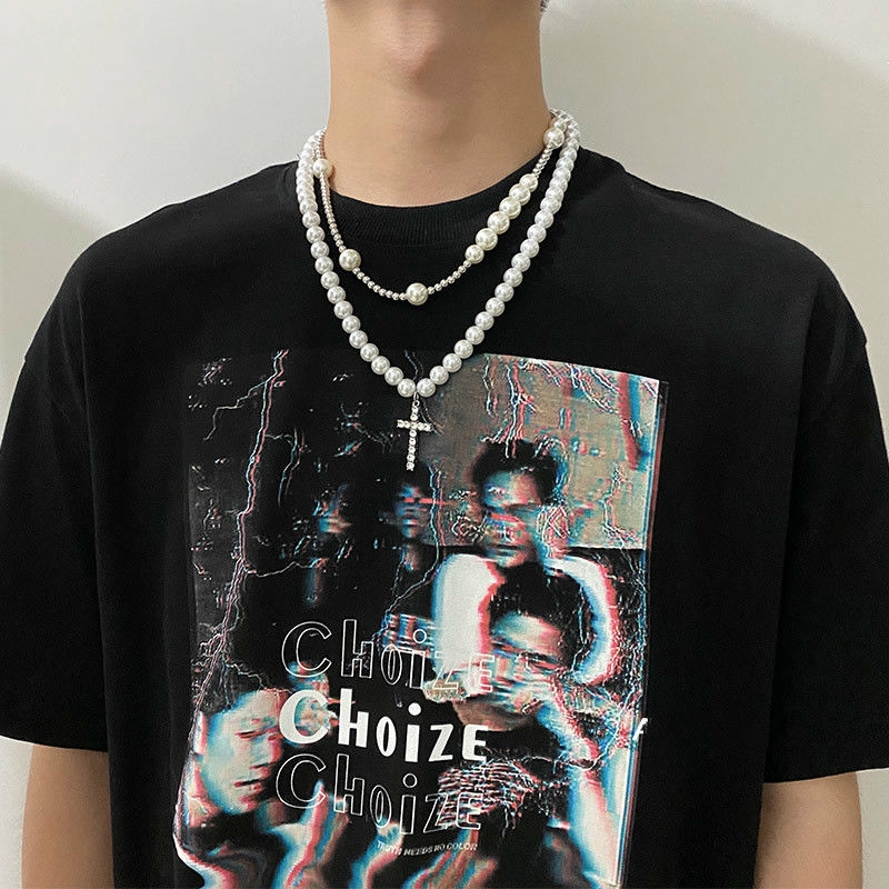 Dây chuyền 22496 mặt thánh giá đính ngọc trai phong cách hip hop thời trang đường phố độc đáo