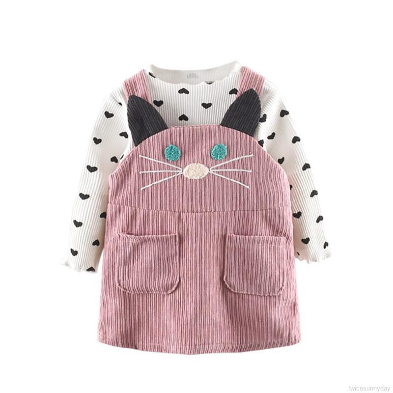 Set áo thun dài tay cổ tròn + Quần yếm dài đáng yêu cho bé gái