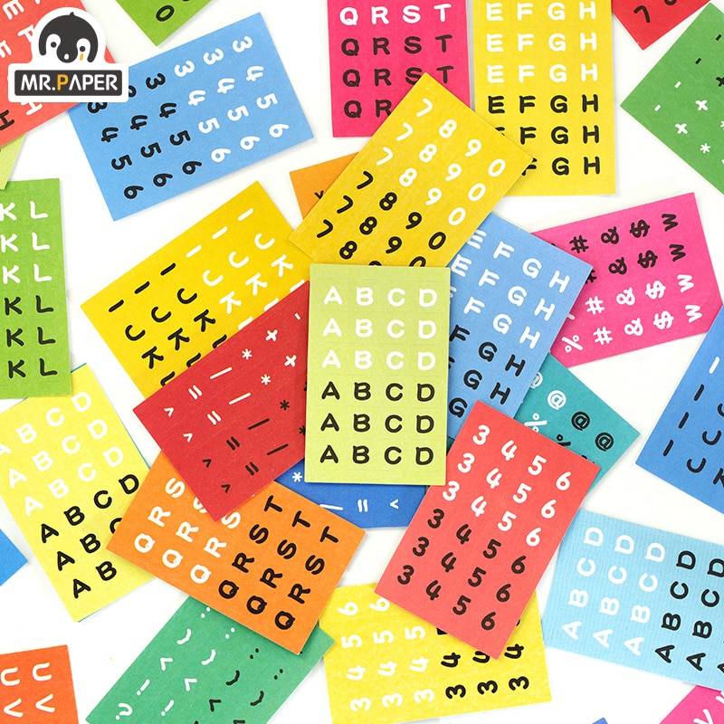 Hộp 48 hình dán chữ cái chữ số tiếng Anh 4 thiết kế nhiều màu sắc tự trang trí sổ tay