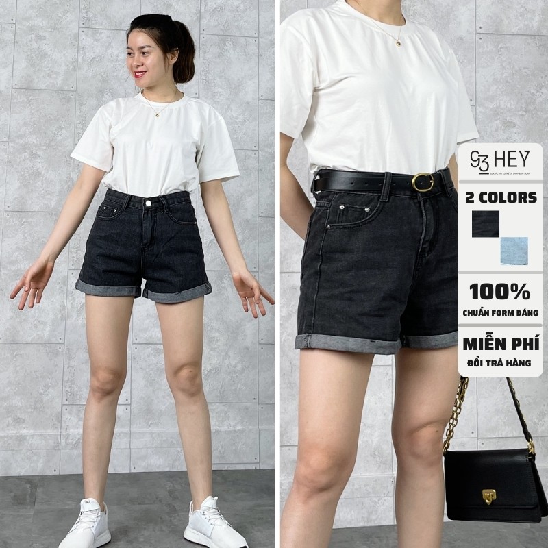 Quần Short Jean Nữ Lưng Cao Dáng Rộng Gấp Ống Phong Cách Ulzzang 93HEY QS01