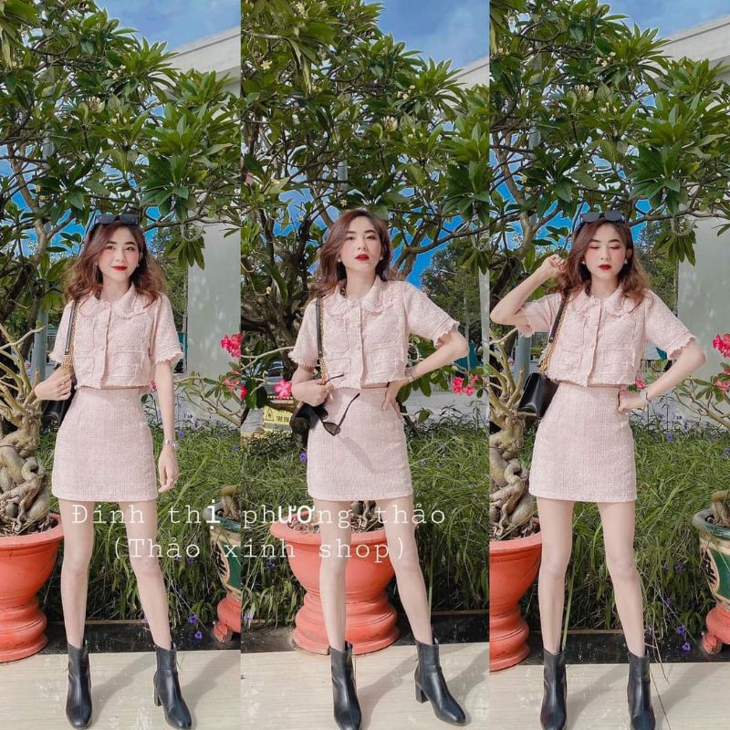 set dạ tweed gồm áo croptop chân váy sẵn quần trong 2 màu hồng, nude