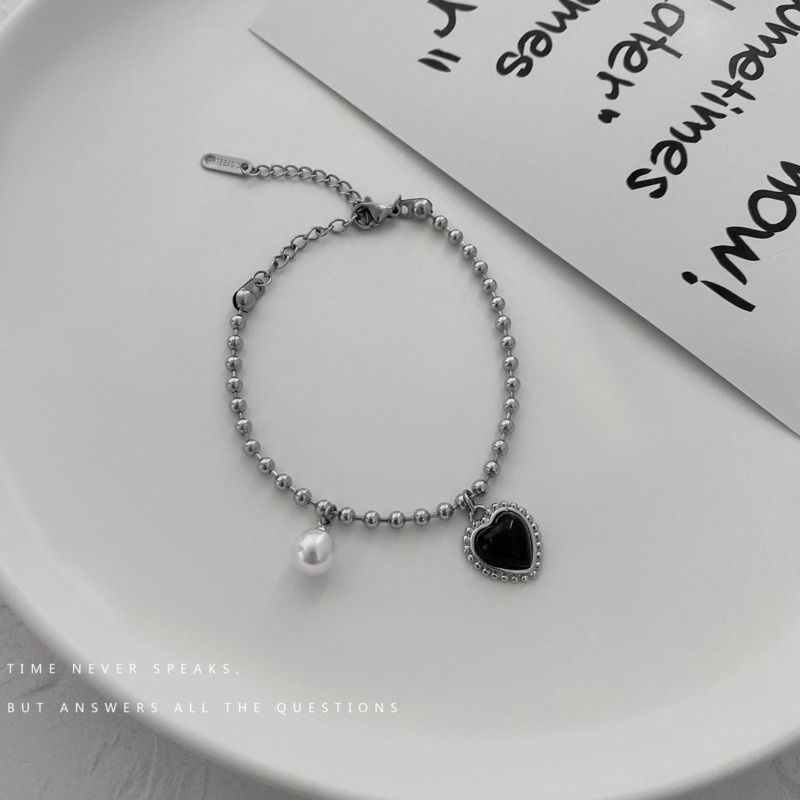 Vòng Đeo Tay Bằng Thép Titan Màu Đen Đính Ngọc Trai  191187Đồng Hồ Đeo Tay Phong Cách Hàn Quốc Cổ Điển Sang Trọng