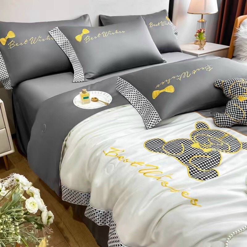 Set Phi Lụa Chăn Hè Thêu Gấu Sang Xịn