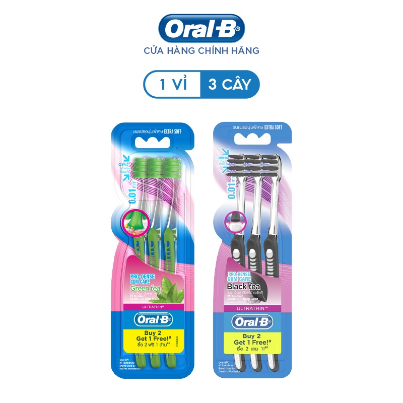 Bàn chải Oral-B tinh chất Trà Xanh/ Trà Đen vỉ 3 cây (Mua 2 tặng 1)