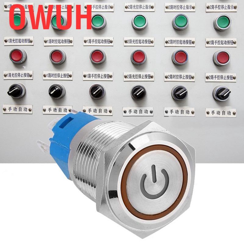 Nút công tắc tròn phẳng tự phục hồi có đèn LED với biểu tượng nguồn 16mm 12V