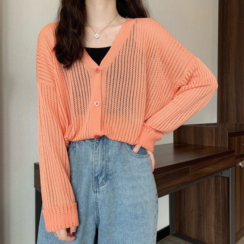 Áo cardigan dệt kim mỏng màu trơn tay dài cổ chữ v thời trang xuân hè phong cách gợi cảm cho nữ