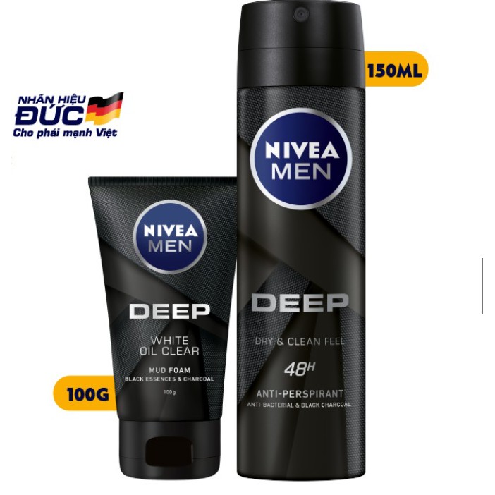 Bộ đôi Xịt ngăn mùi và sữa rửa mặt làm sạch sâu từ than hoạt tính NIVEA MEN Deep - Đức Chính Hãng