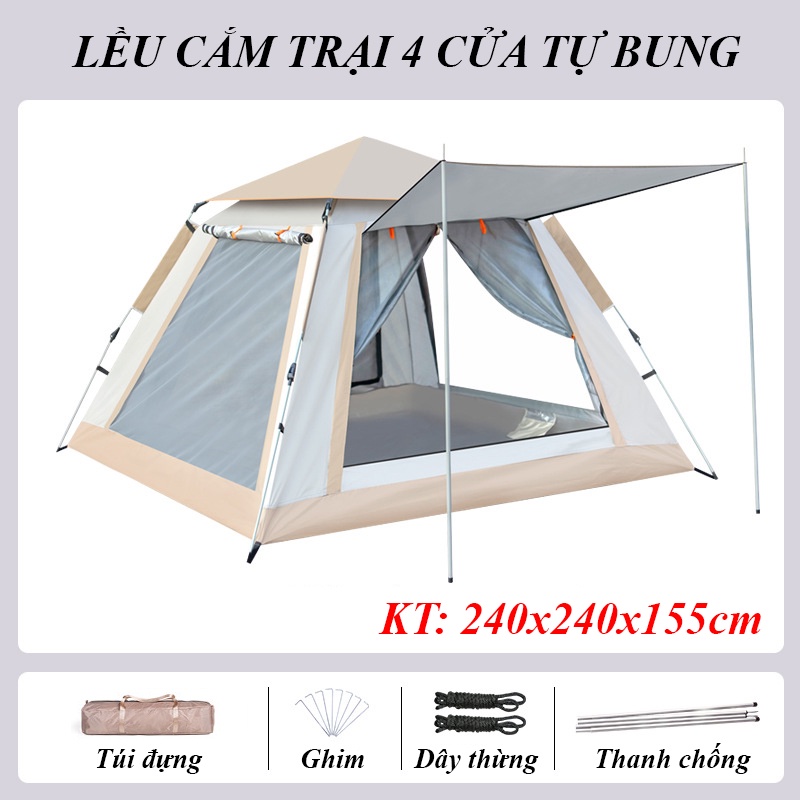 Lều dã ngoại tự bung 4-6 người chống nước chống tia tử ngoại KT 2m4x2m4 - Lều cắm trại tự bung