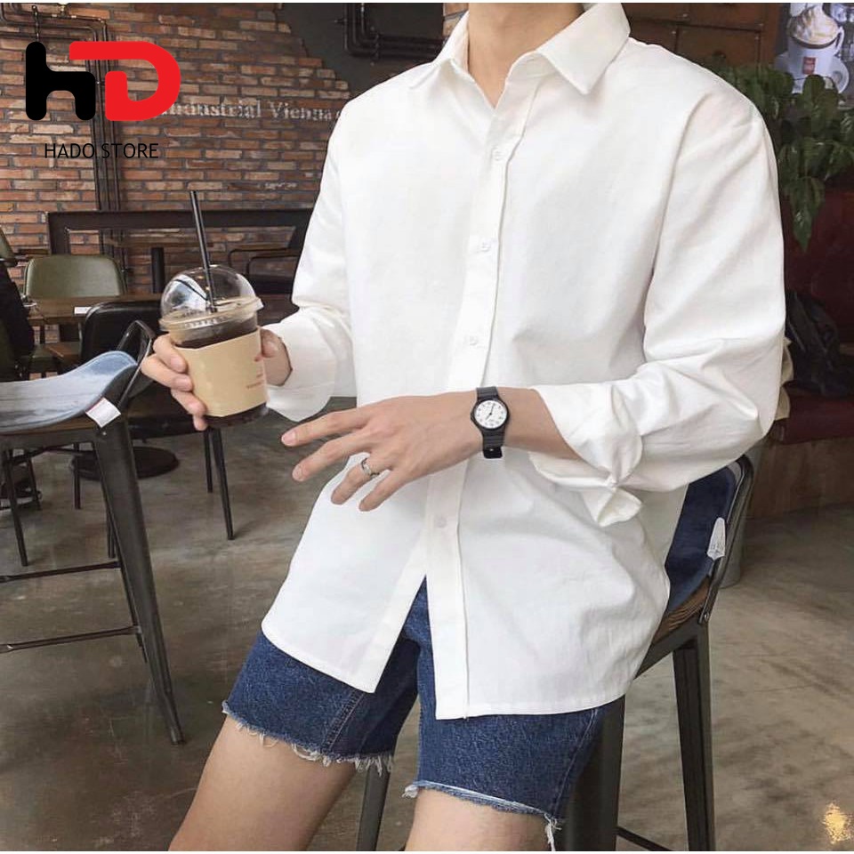 Áo sơ mi nam nữ dài tay Unisex Basic TRƠN Form rộng màu trắng và đen Chất cotton lụa mịn mát Bigsize HADO Store