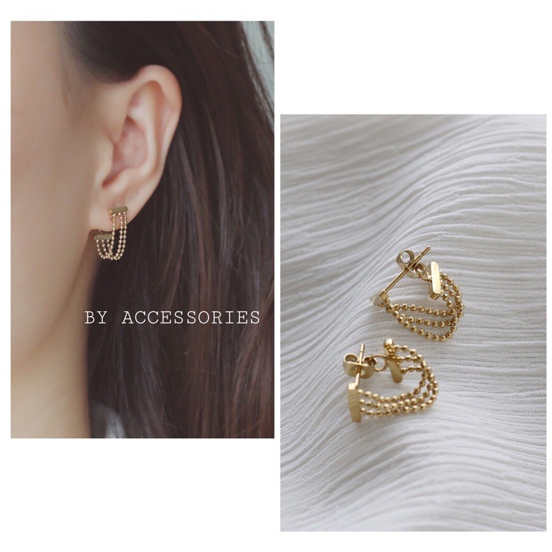 Bông tai titan chuỗi 3 dây bi không gỉ