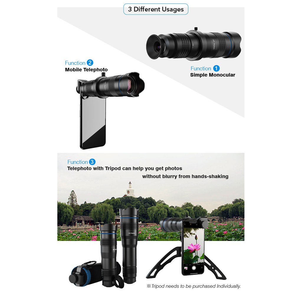 Bộ ống kính apexel 36x super tele zoom lens cho điện thoại - Tặng kèm Tripod