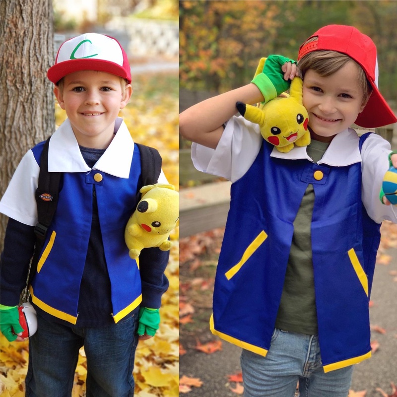 Bộ Áo Khoác + Găng Tay + Nón Hóa Trang Pokemon Ash Ketchum Cho Người Lớn Và Trẻ Em