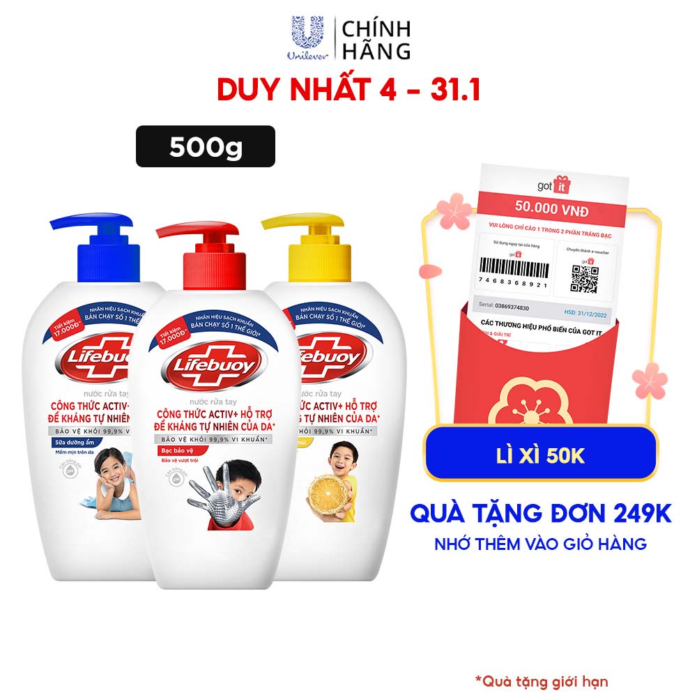 Nước rửa tay Lifebuoy 500g giúp sạch khuẩn và bảo vệ vượt trội khỏi 99.9% vi khuẩn tốt nhất