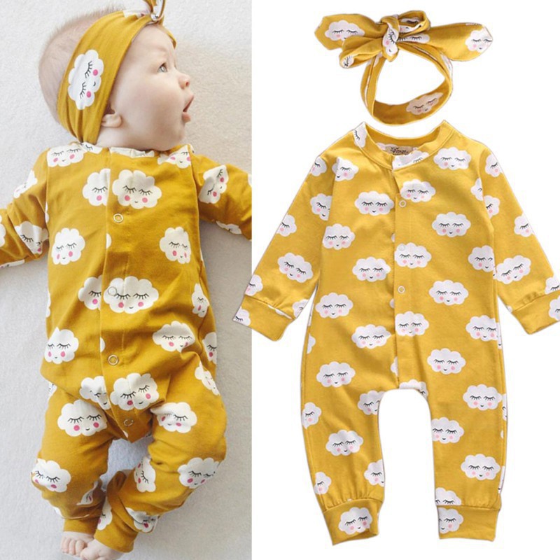 Jumpsuit cotton dài tay, in họa tiết đám mây dễ thương cho bé gái