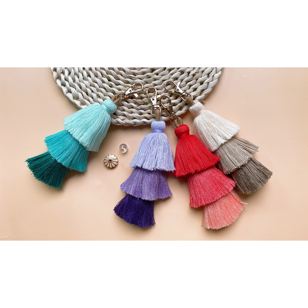 Móc Khóa Tua Rua 3 Tầng 16cm Nhiều Màu Trang Trí Chìa Khóa, Túi Xách, Balo