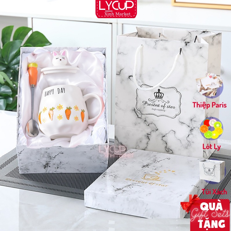 Cốc sứ, ly sứ cao cấp hình thỏ NẮP SỨ 400ml kèm thìa carrot