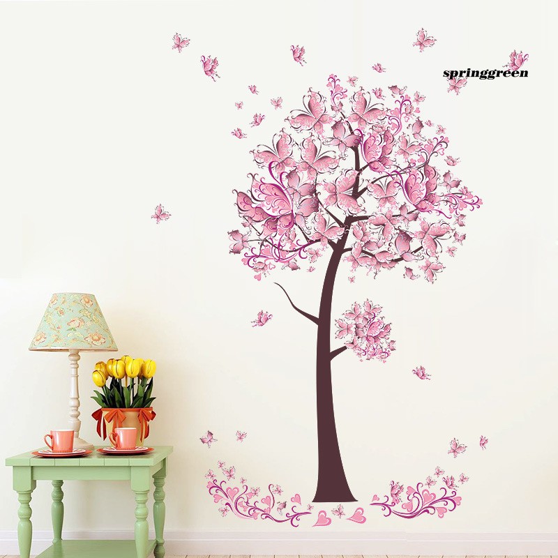 Giấy dán tường họa tiết cây và bướm màu hồng có thể tháo ra được