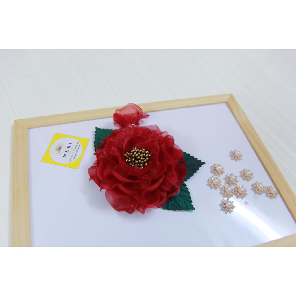 (Ảnh thật 100%) Hoa cài áo handmade vải voan 1 nụ đế kim loại siêu sang (size 13.5 - 14cm)