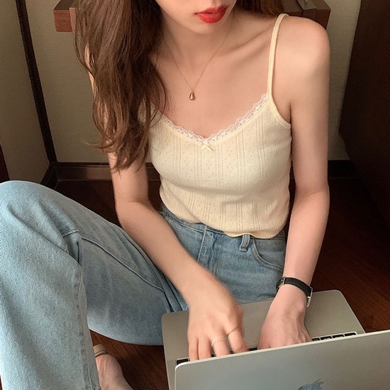 Áo hai dây phối ren màu trơn đơn giản trẻ trung 43924