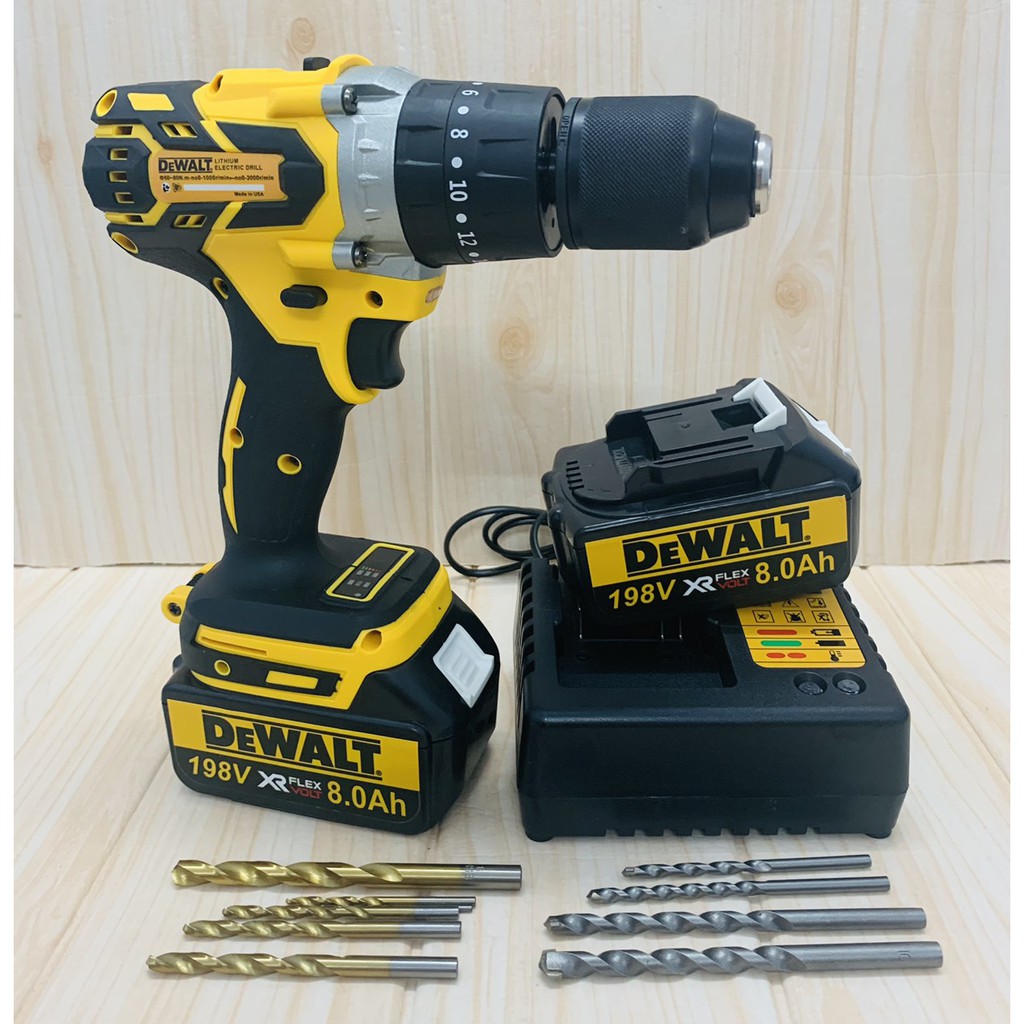 Máy khoan pin 198V Dewalt 3 chức năng có búa - Động cơ không chổi than siêu mạnh mẽ - Tặng kèm 10 mũi khoan cao cấp