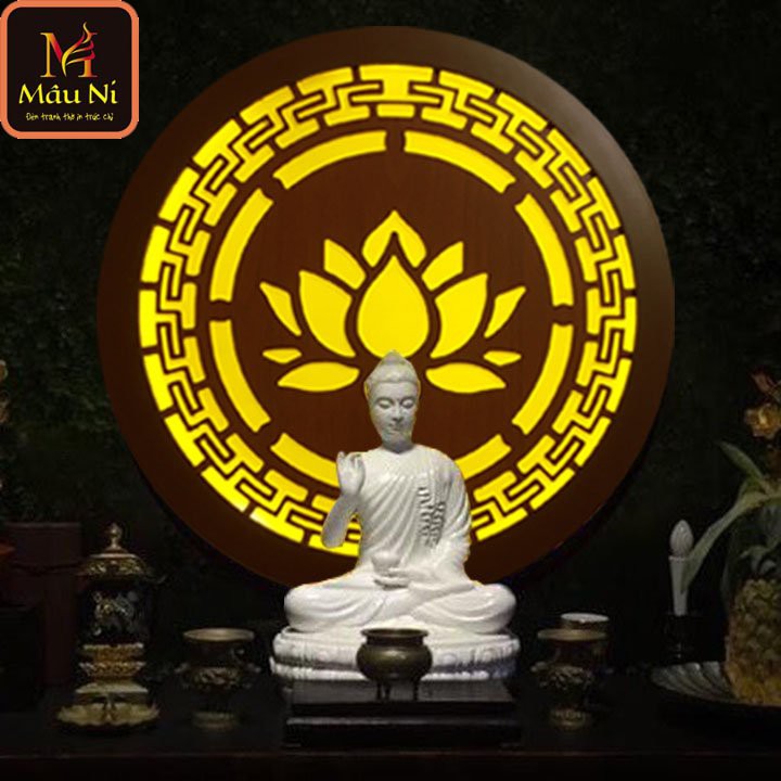 [ Đèn thờ ] CNC điện MÂU NI Hoa sen khắc CNC, đk 55cm, ốp sau lưng chính giữa bàn thờ, treo tượng Phật