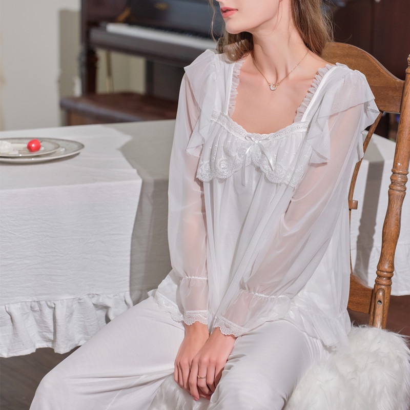 Bộ đồ ngủ tay dài kiểu Pháp thời trang xuân thu dễ thương cho nữ