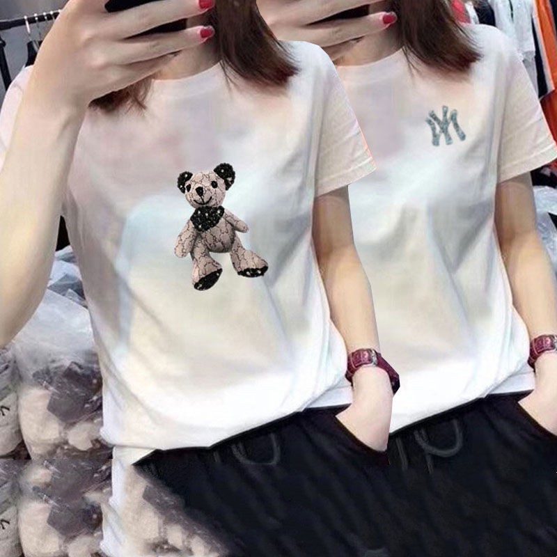 100% cotton cartoon bear white half sleeve short sleeve printed T-shirt women's new summer 2021 loose top