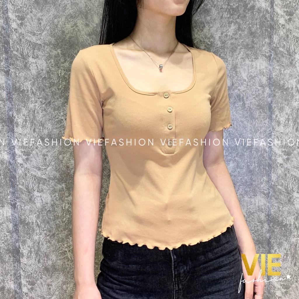 Áo Thun Nữ Cổ Vuông Đính Cúc Áo Phông Nữ Dáng Ôm Viền Bèo - HR 2105-03