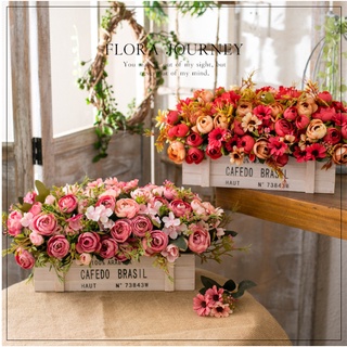 Chậu hoa giả cắm sẵn bao gồm chậu gỗ và hoa, giỏ hoa lụa để bàn trang trí và quà tặng dài 33cm