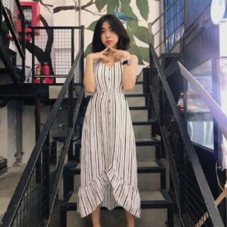ĐẦM MAXI HAI DÂY LỤA VẠT ĐÔI CÀI NÚT