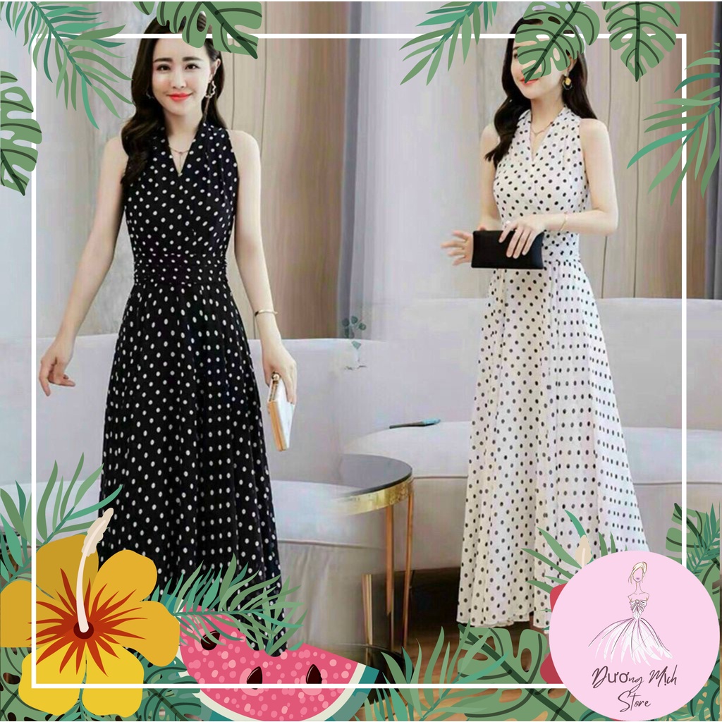 ĐẦM MAXI CHẤM BI CỔ V, EO XẾP LY CÁCH ĐIỆU, CÓ THẮT EO [Dương Mich Store]