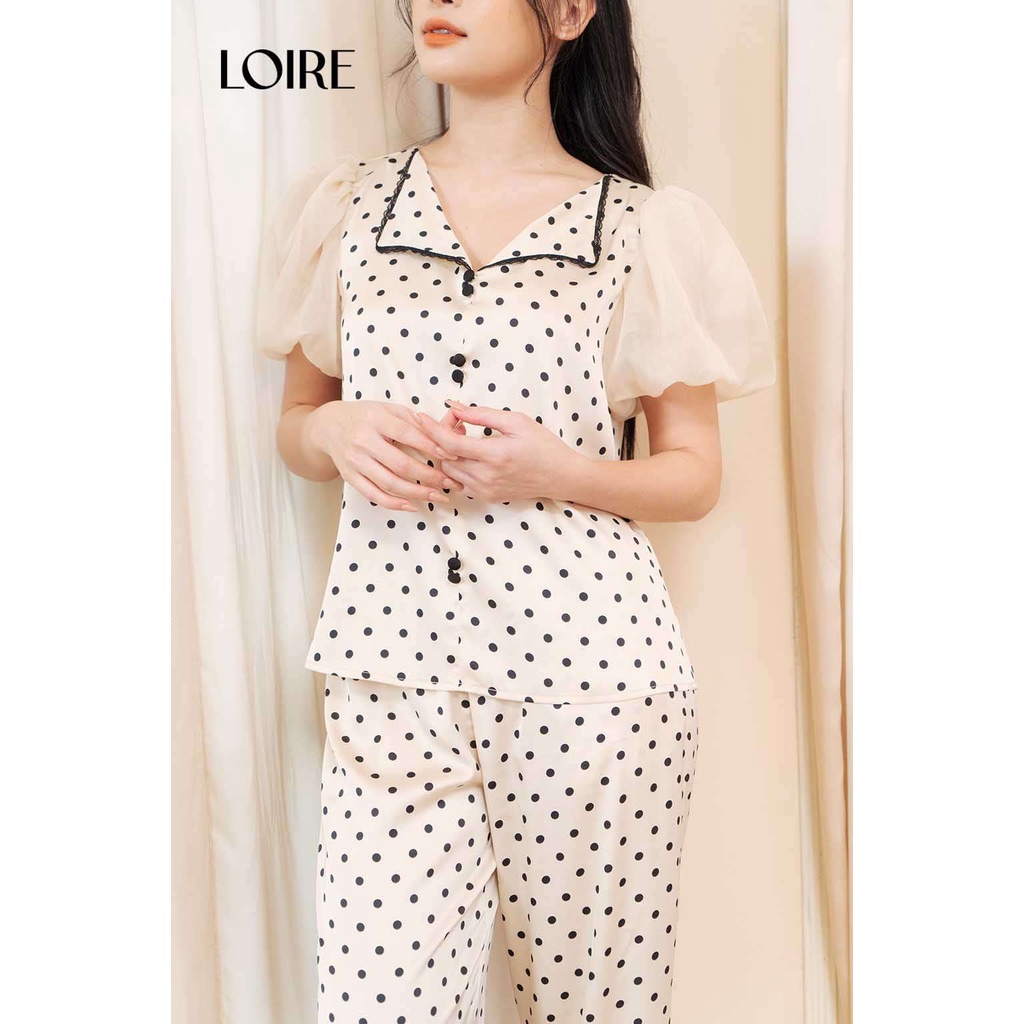Bộ Đồ Ngủ Lụa Chấm Bi Tay Voan Bồng Bềnh Loirechic LPN09