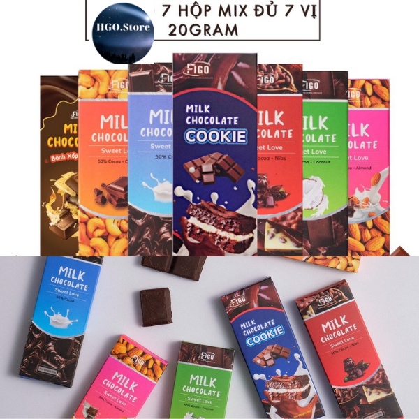 Mix 7 vị thanh 20gr socola sữa figo 50% cacao gồm không nhân,hạnh nhân,dừa,nho,cookie,cacao,hạt điều