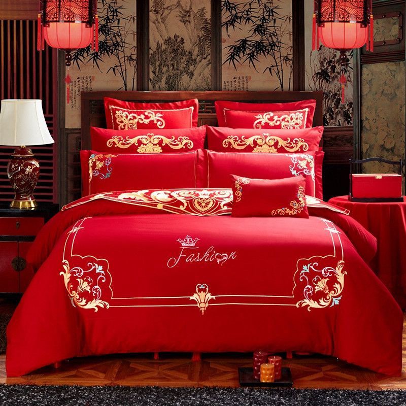 bán hàng trực tiếp tại nhà máy đẹpBai Sihan thêu cọ bản lớn màu đỏ cưới Bộ bốn mảnh phòng chăn bông trải giường