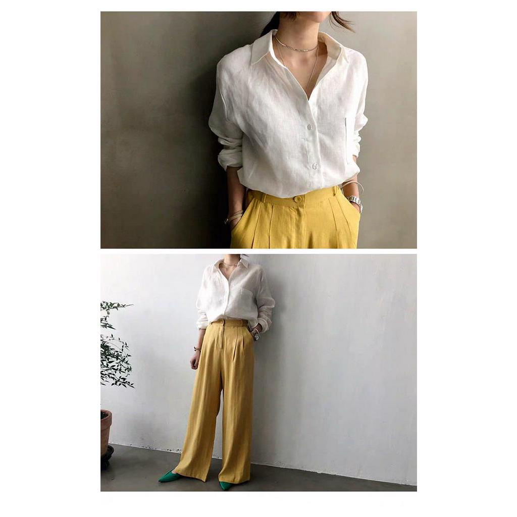 THEODORA White/Khaki turn-down collar long sleeve plain shirt Button down simple linen office lady blouse Sun protection breathable women tops