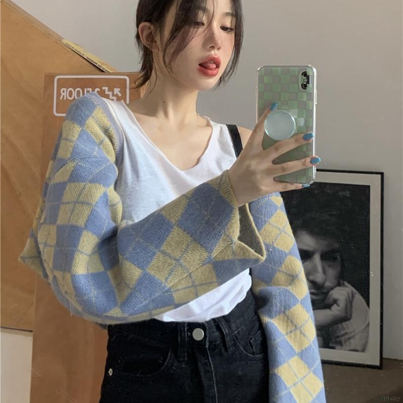 Áo khoác cardigan tay dài dáng rộng họa tiết kẻ ô phong cách cổ điển Hàn Quốc
