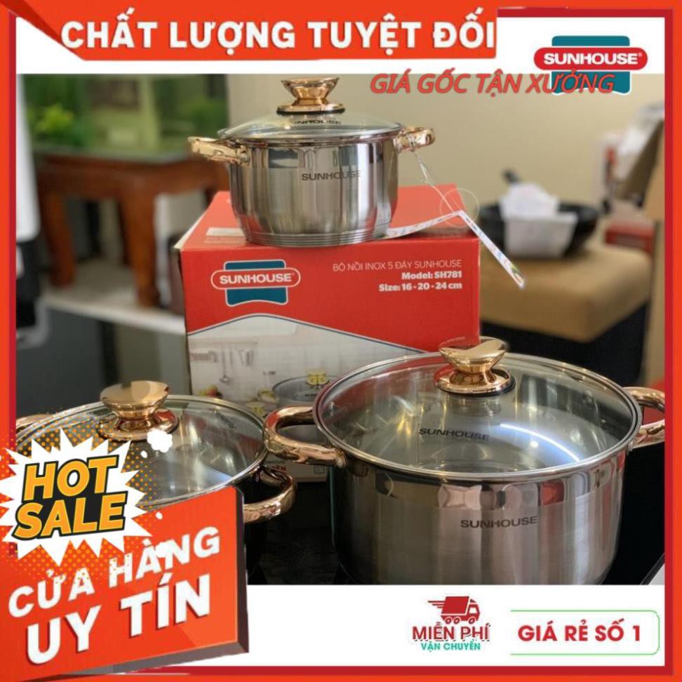 [Size 16,20,24cm] Bộ nồi inox 5 đáy Sunhouse SH781 dùng mọi loại bếp từ bếp gas bếp hồng ngoại