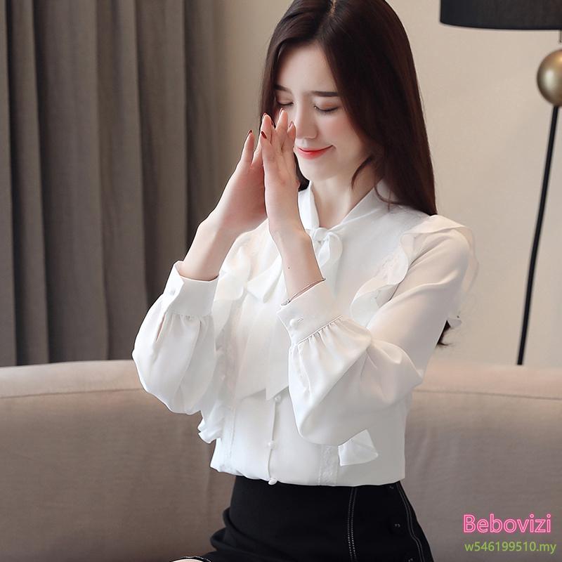 Áo chiffon trắng đỏ tay dài phối nơ thời trang công sở thanh lịch