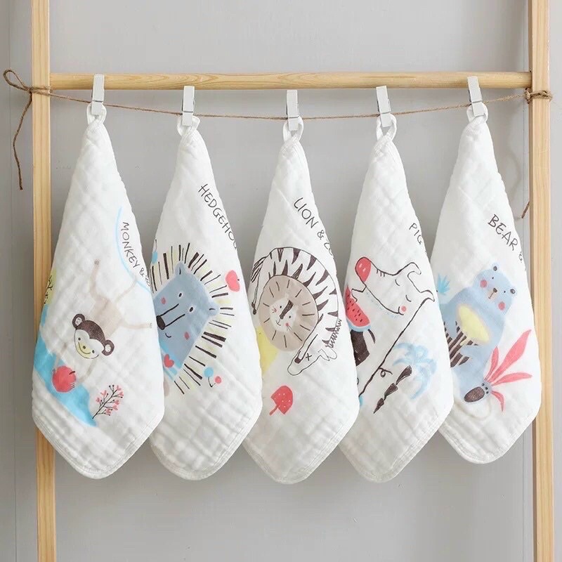 Sét 5 khăn mặt sợi tre hình thú 6 lớp mầu, khăn sữa xô dày đẹp cho bé