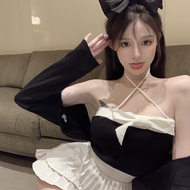 2021 Phụ nữ mới Áo yếm dệt kim Trọng lượng nhẹ Không tay thắt nơ Thường mỏng Treo cổ Ống trên
