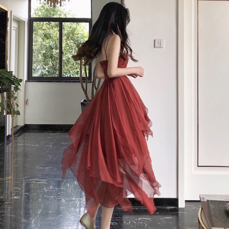 Đầm Hai Dây Đi Biển Lưng Cao Thiết Kế Mỏng Quyến Rũ Thời Trang Mùa Hè Theo Phong Cách Pháp