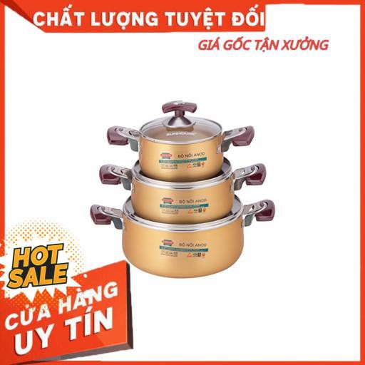 [ Size 16-20-24cm màu vàng] Bộ nồi Anod Sunhouse SH6634 chất liệu nhôm dùng bếp gas bếp hồng ngoại