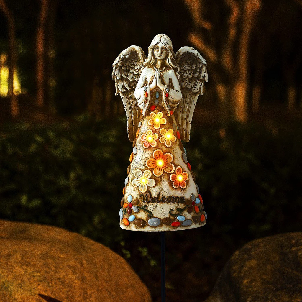 LUCKY Resin Solar Powerded Angel Garden Statue White Lights Figurine Outdoor Decor Yard/Lawn/Patio With 6 Warm LEDs Sculpture Memorial Gifts Porch Decoration