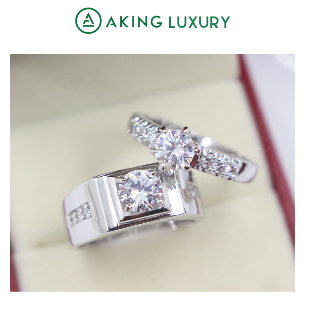 Nhẫn cặp AKING LUXURY AK24 cao cấp, Nhẫn bạc nam đính đá sang trọng, nhẫn bạc nữ đính đá phong cách quyến rũ, sang trọng