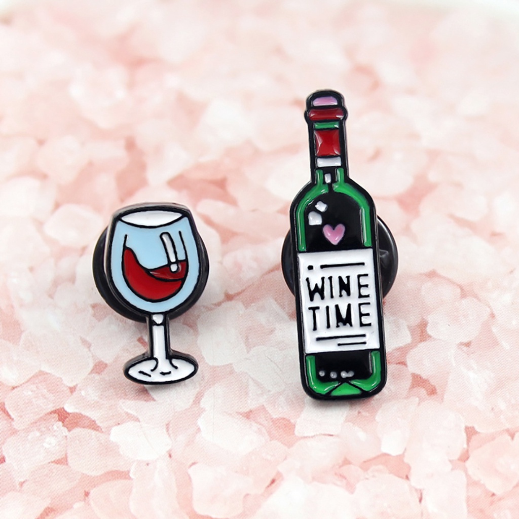 Huy hiệu cài áo hình ly rượu/ chai rượu vang họa tiết chữ cái Tiếng Anh &quot;Wine Time&quot; thời trang