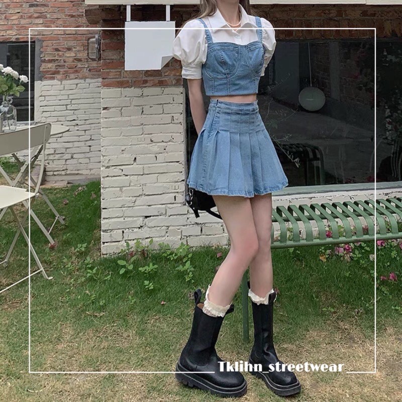 (SẴN) Set áo sơ mi + áo hai dây jean + chân váy jean dáng xoè ULZZANG phong cách học sinh Hàn Quốc 2021