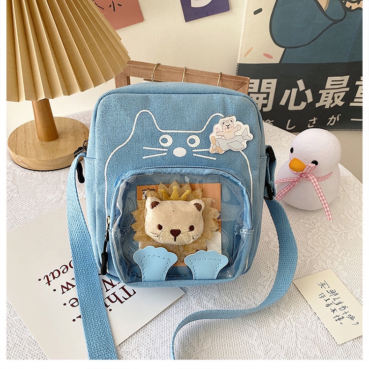 Túi Đeo Chéo Vải Canvas Kiểu Vuông Nhỏ Gọn Trong Suốt Dễ Thương Cho Nữ
