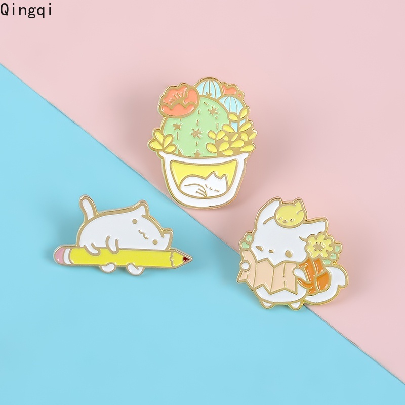 Ghim cài áo MISS ZOE tráng men hình mèo ngủ và chậu xương rồng dễ thương dùng làm quà tặng