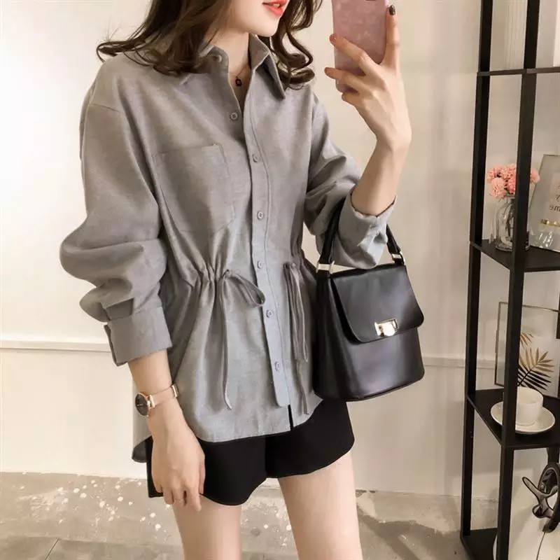 Áo kiểu RENJIANVSHENG tay dài cổ bẻ eo thắt dây phong cách Hàn Quốc thanh lịch cho nữ